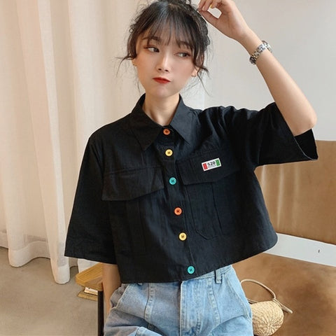 Women's ShirtHarajuku Short Sleeve Polo Collar Casual Cotton Preppy Top Girls Fashion Letter Embroidery Blusas Femininas