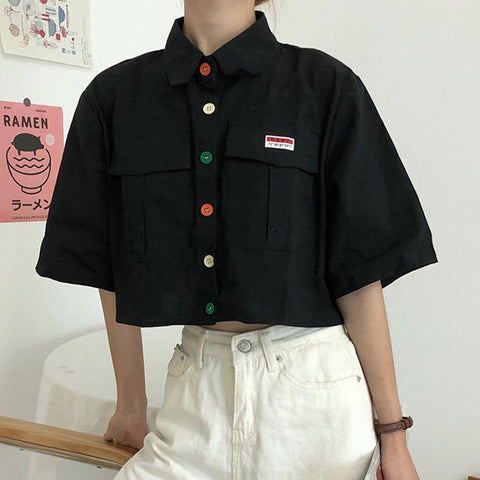 Women's ShirtHarajuku Short Sleeve Polo Collar Casual Cotton Preppy Top Girls Fashion Letter Embroidery Blusas Femininas